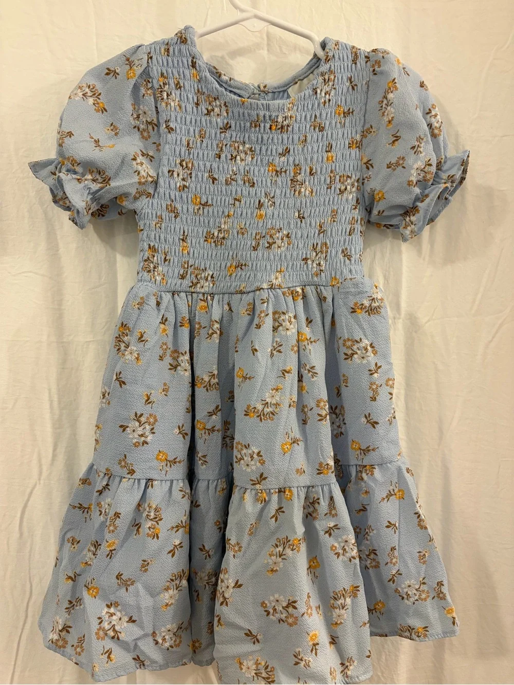 Rare Editions Girls' Light Blue Floral Smocked Puff-Sleeve Dress